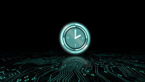 animación de un reloj con agujas en movimiento sobre una placa de circuitos de computadora sobre un fondo negro