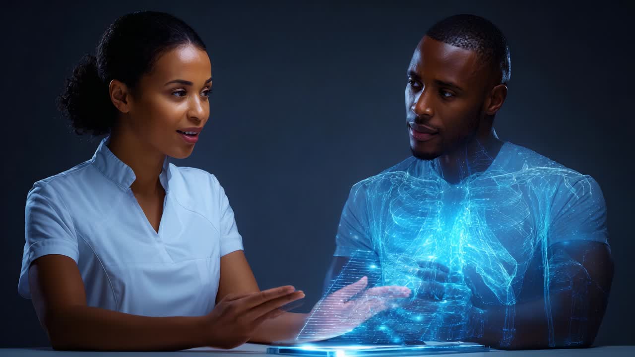 A healthcare professional engages with a patient, discussing advanced holographic technology that displays a three-dimensional visualization of human anatomy, enhancing understanding and communication in medical consultations