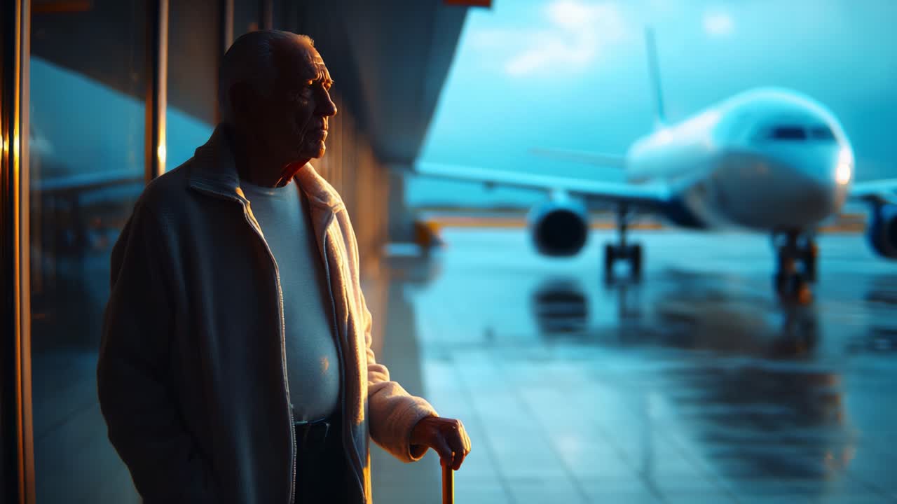 A contemplative older man gazes thoughtfully out of an airport terminal window, watching planes in the rainy atmosphere as the blue evening light casts a reflective mood on his face and surroundings