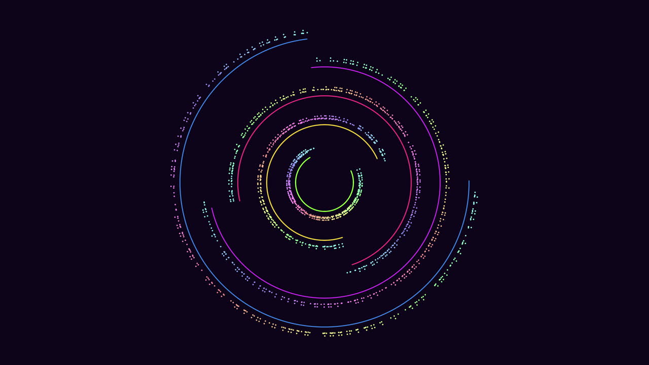 Futuristic circular data interface animation with neon particles on dark background