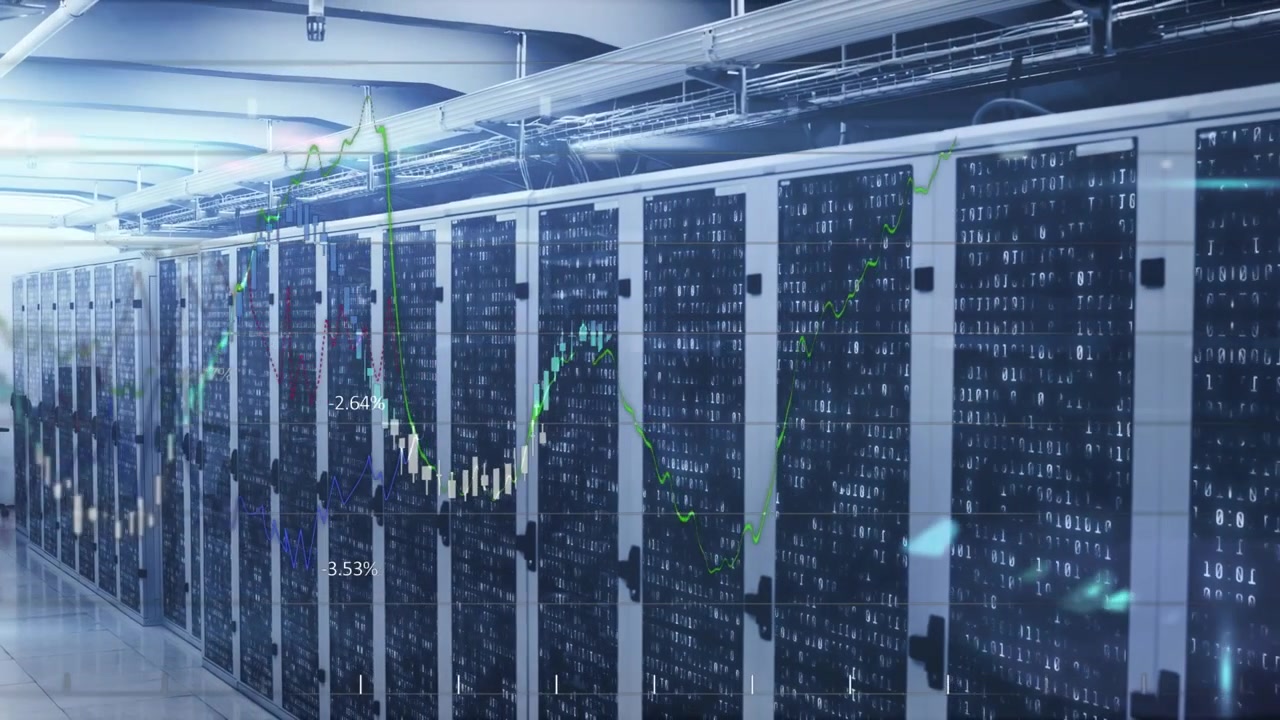 Data Center Server Racks with Financial Stock Market Data Overlay