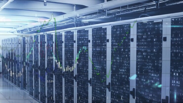 Data Center Server Racks with Financial Stock Market Data Overlay