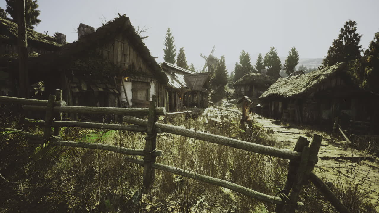 A rustic village is captured under midday sunlight