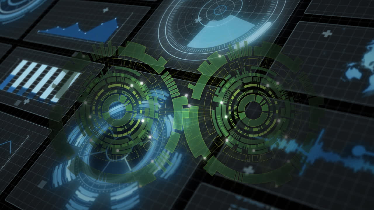 Futuristic digital interface with rotating gears and data charts animation