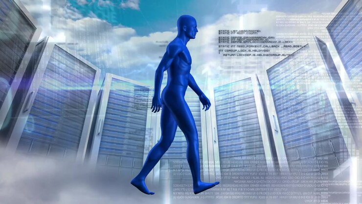 Animation of data processing and human walking over servers