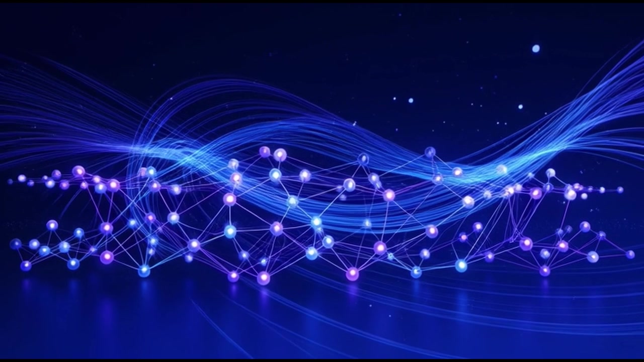 Abstract Digital Network Connection with Glowing Blue Particles and Light Waves
