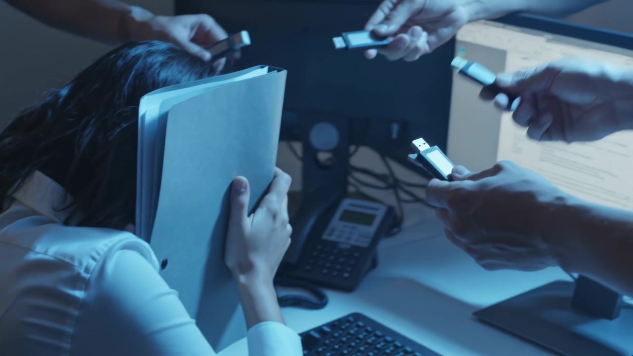 White-shirted woman shielding binder at desk after one hand offering USBs, hands rising, copy space