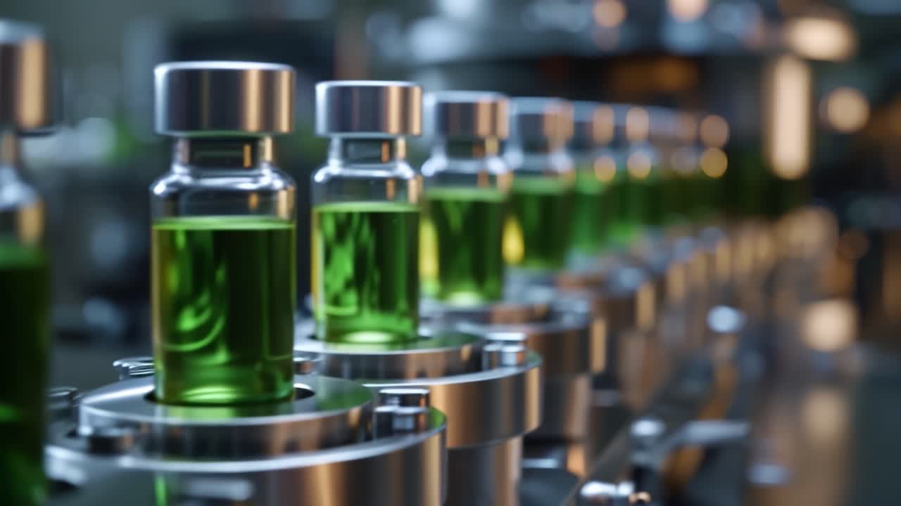 Close-up of Bottling Process with Green Liquid in Vials on a Production Line, Capturing the Precision and Technology Behind Modern Pharmaceutical Manufacturing