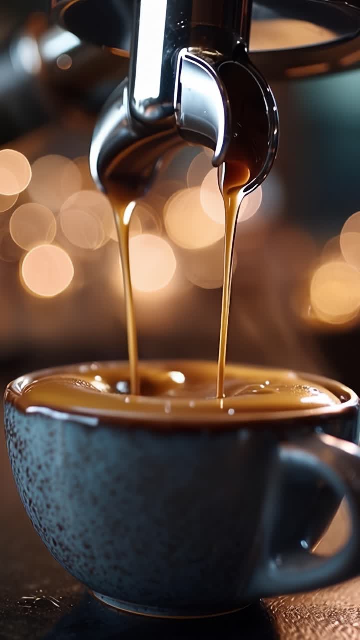 En fængslende sekvens af friskbrygget kaffe, der hældes i en kop med glimtende baggrundslys, hvor indbydende aromaer og rige smagsnuancer udgår fra scenen