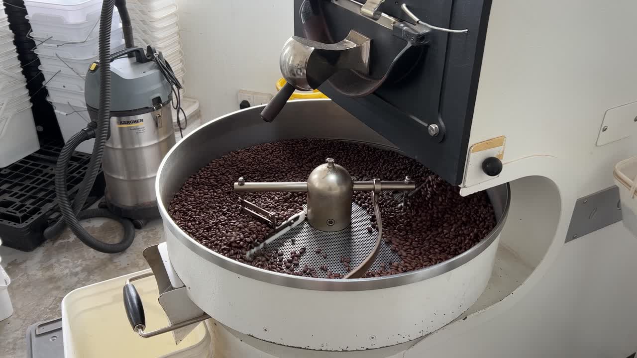 Freshly roasted coffee beans rotating and spinning, cooling down on the tray, food and beverage commodity concept shot at warehouse production factory