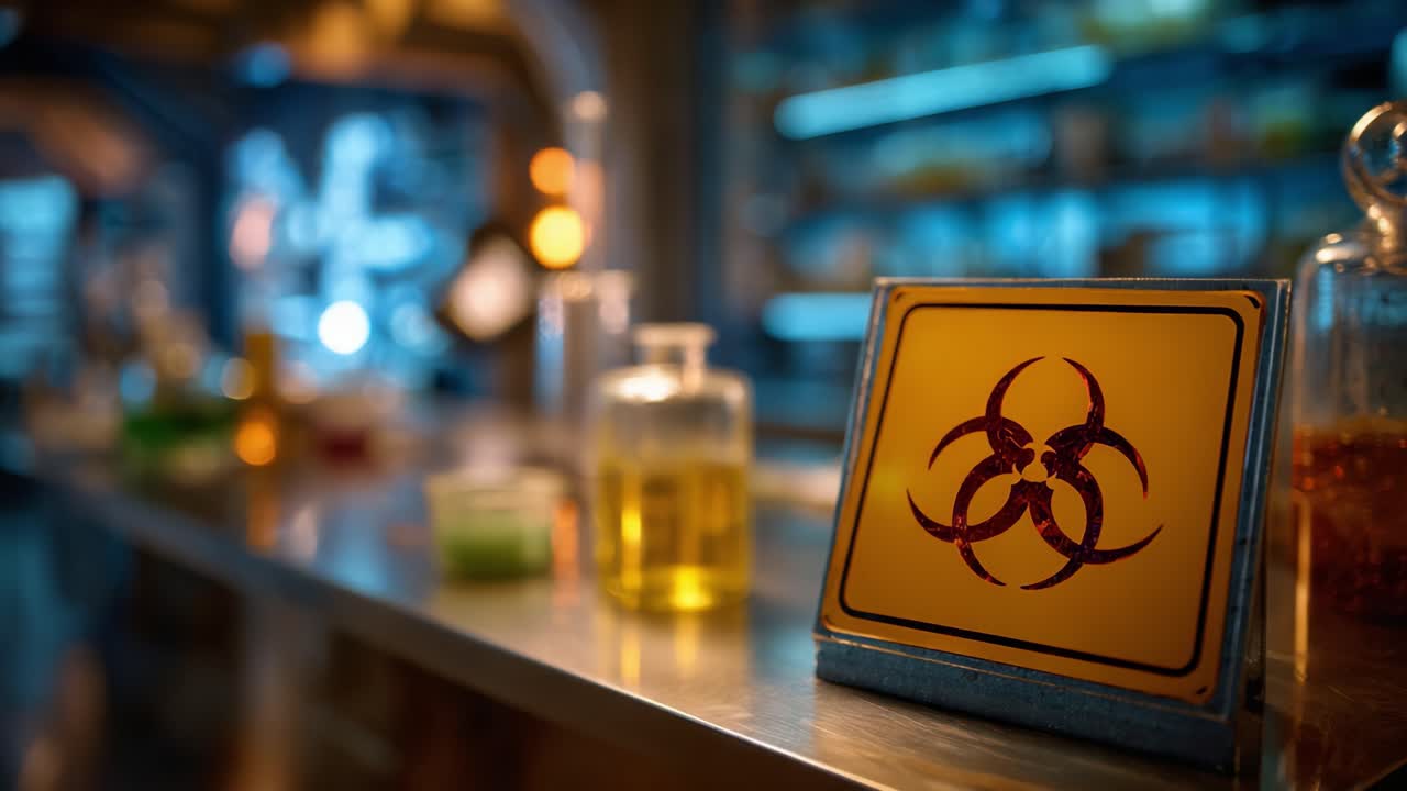 A laboratory setting showcasing a biohazard symbol surrounded by various scientific containers, emphasizing safety precautions in hazardous environments