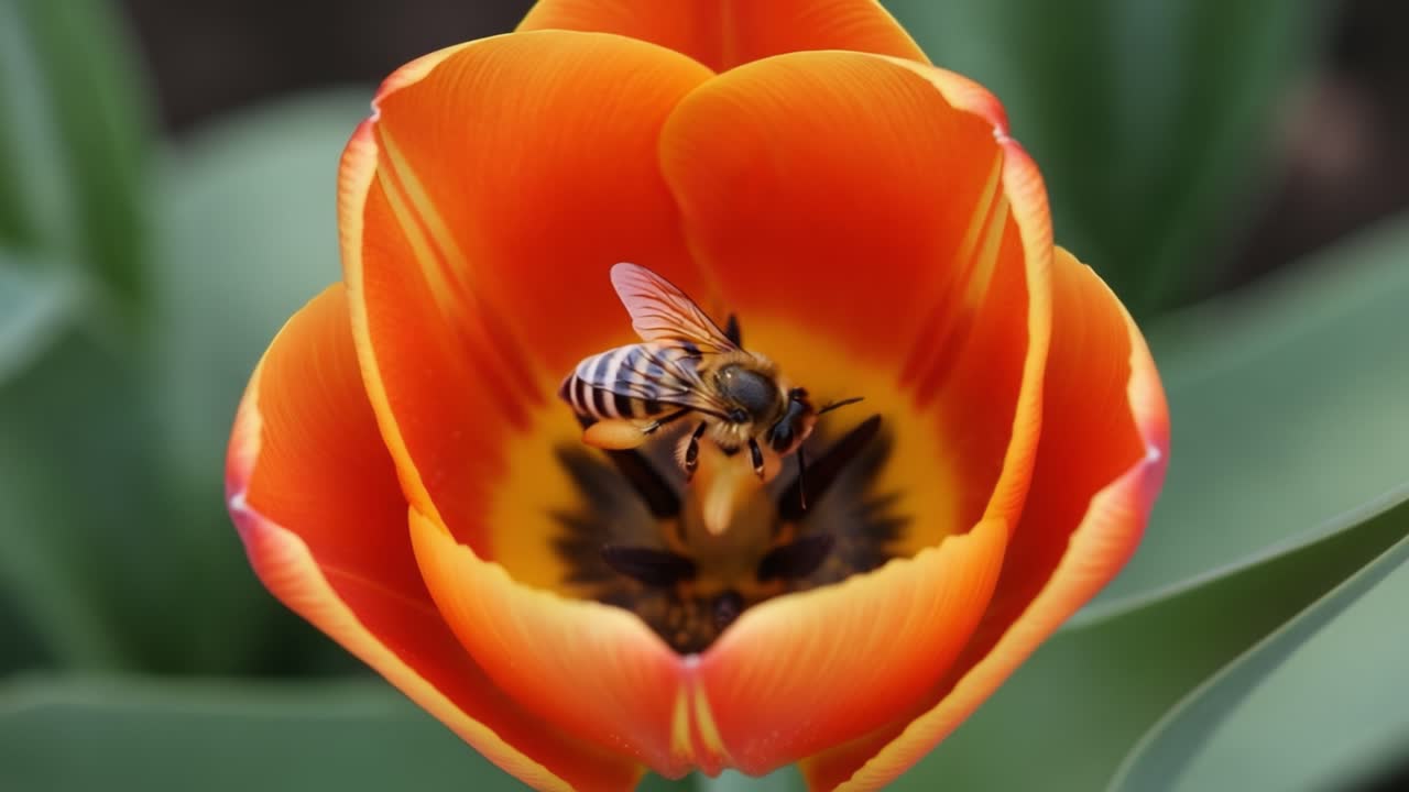 A Vibrant Orange Tulip in Full Bloom with Bees Pollinating its Lush Petals, Showcasing the Intricate Dance of Nature's Flora and Fauna in Perfect Harmony