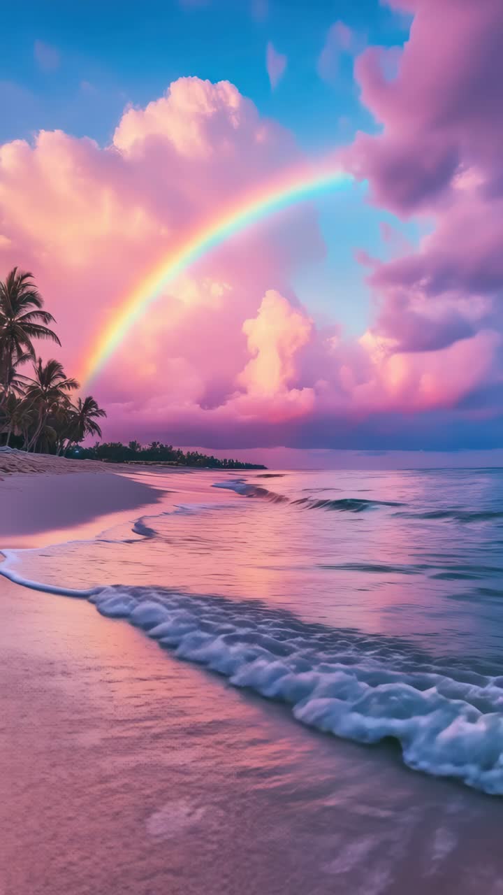 A serene beach scene at sunset with a vibrant rainbow arching over calm waves