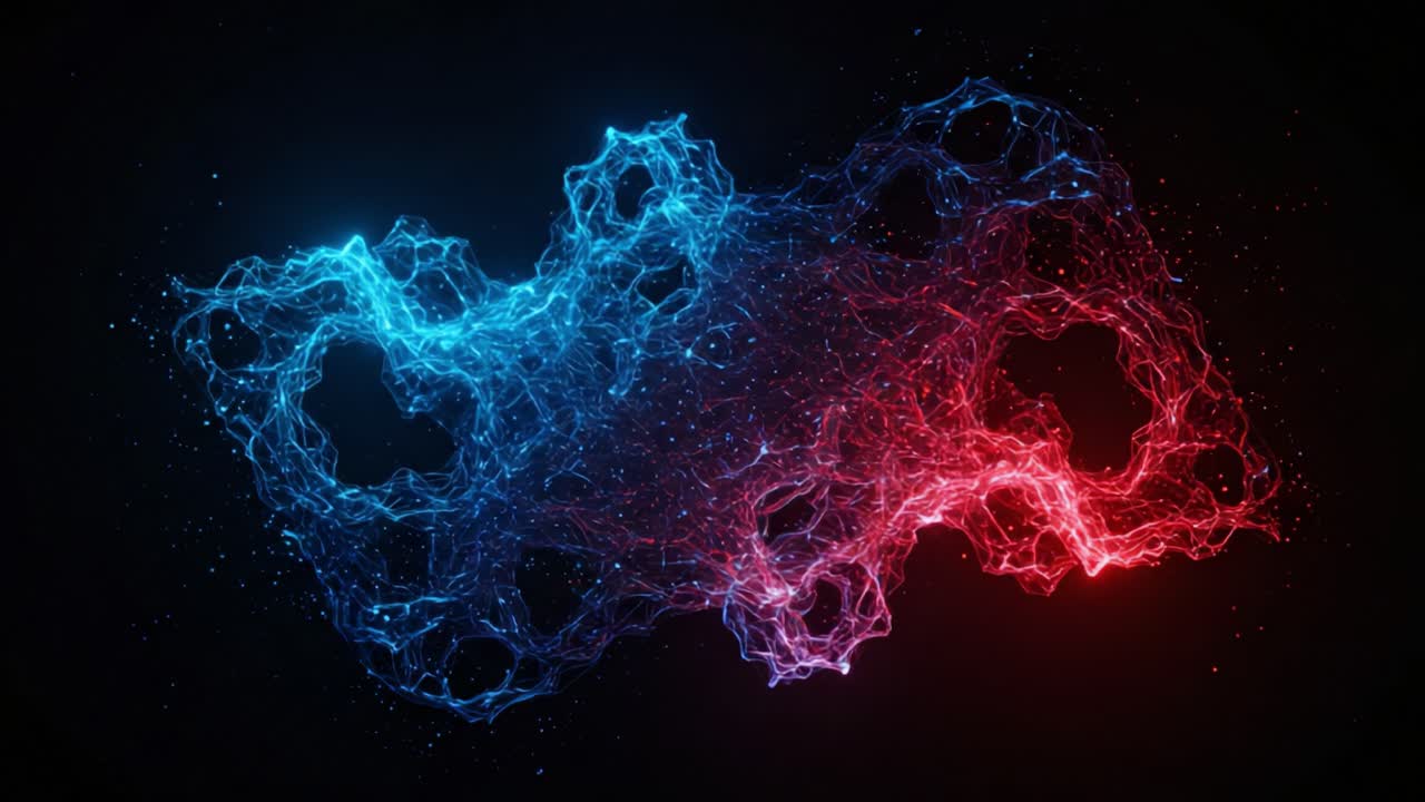 An Abstract Visualization of Energy Flow Representing Interconnectedness Between Vibrant Blue and Red Particles in a Dark Space