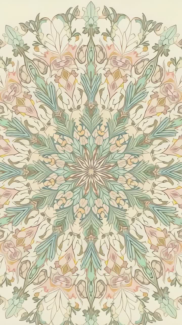 Vertical video: Playback starting, phone display zooming floral mandala, revealing pastel center