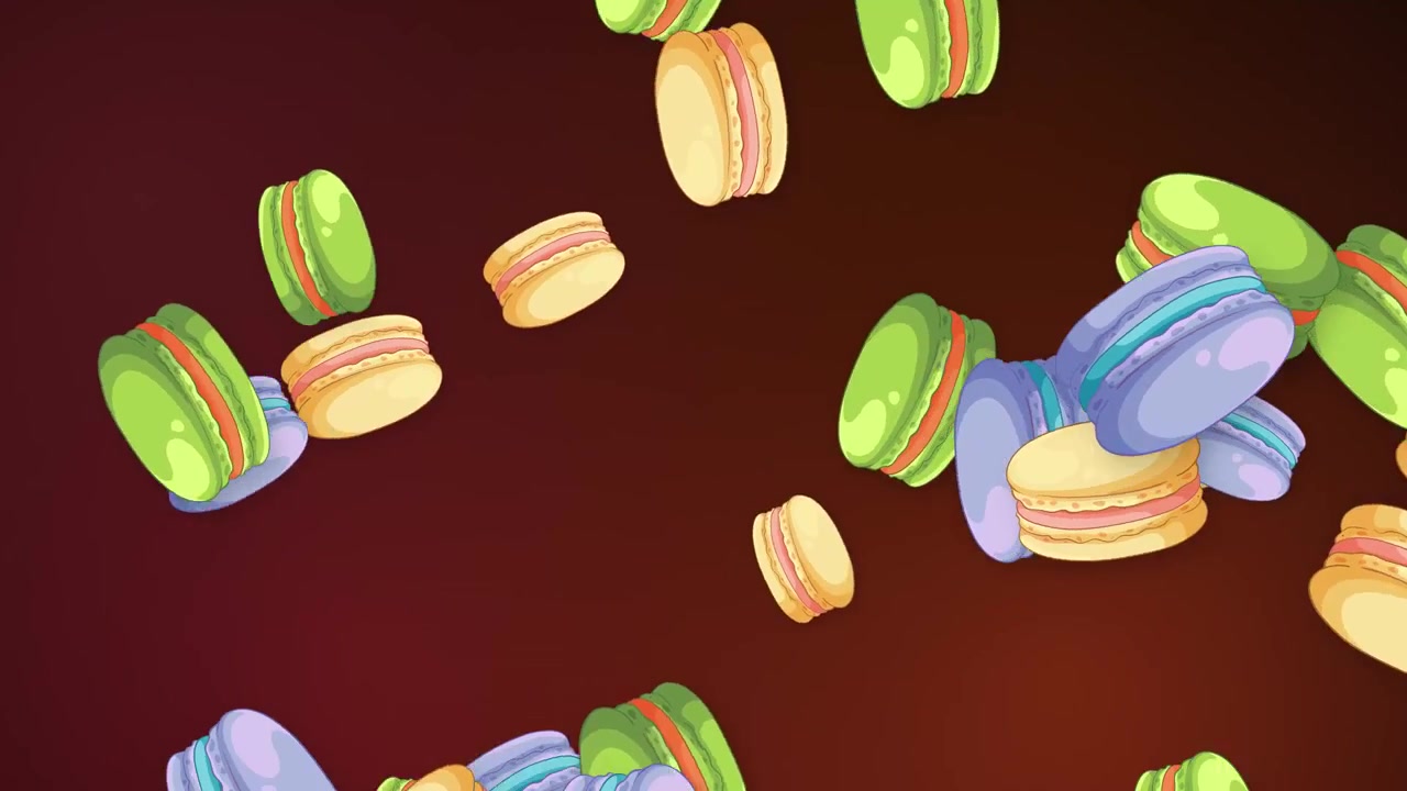 Vibrant cartoon macarons fall and tumble through the air against a dark gradient background.