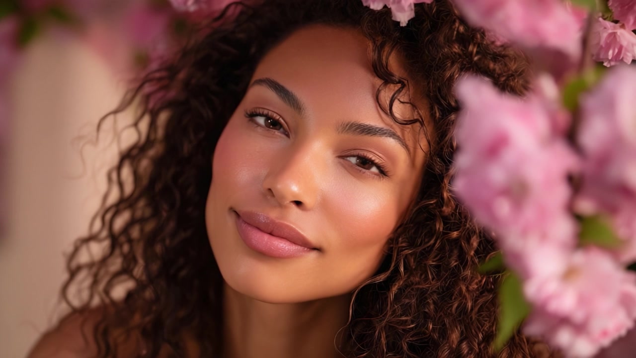 Splendido ritratto di una donna tra vivaci fiori rosa, catturando bellezza naturale e fascino in un ambiente floreale sereno con illuminazione soffusa e una ricca palette di colori.