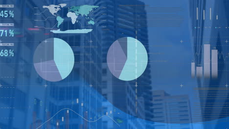 animation of statistics and data processing over cityscape