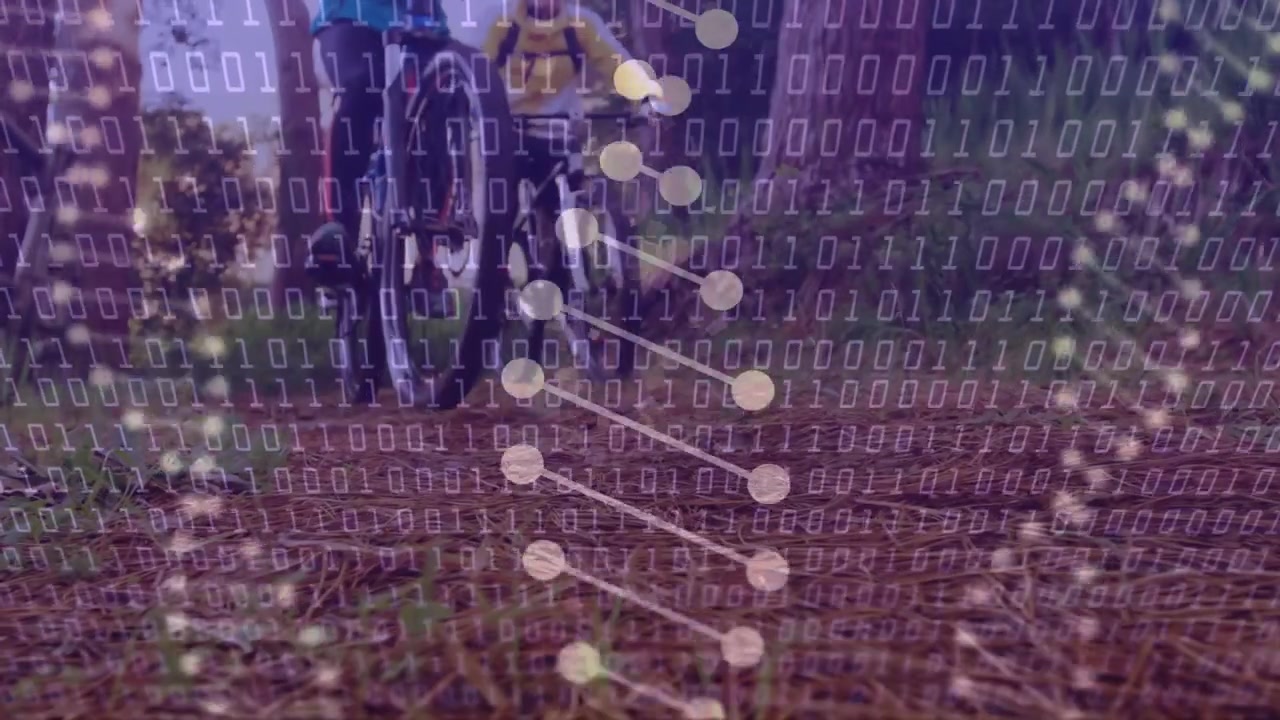 Two cyclists riding, camera closing, binary overlay expanding over front wheel showing tech data