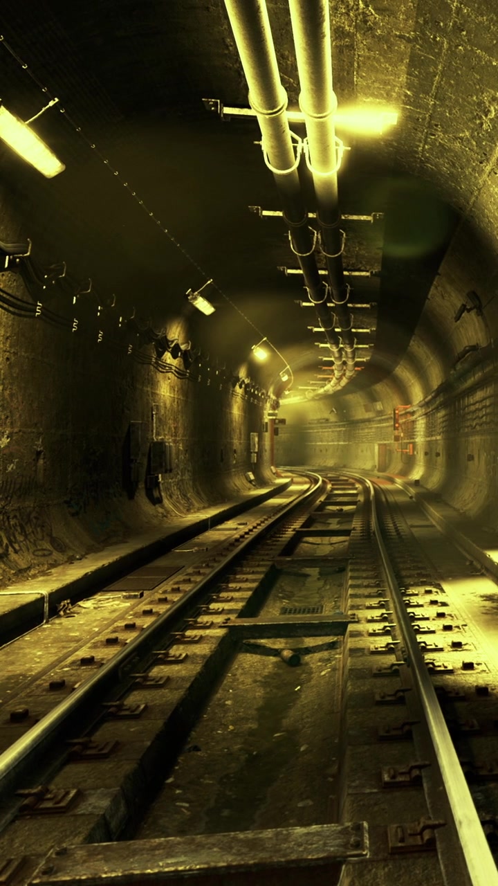 Binari e gallerie in un sistema della metropolitana scarsamente illuminato di notte.