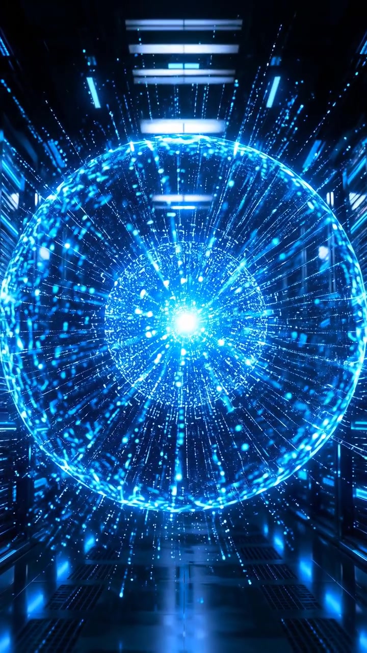 Bright spherical field increases in scale across sequence as dense blue points radiate from central light, framed symmetrically by dark equipment racks, reflective floor, and overhead panels.