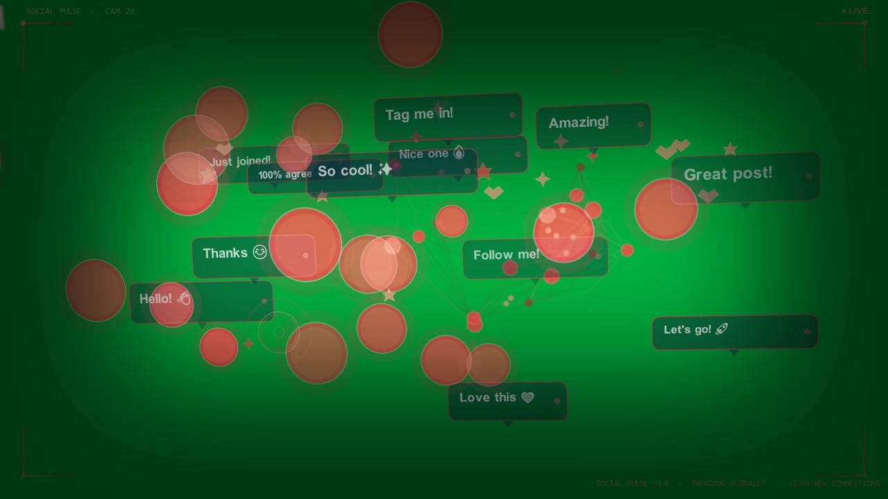 Left cluster forming, nodes spawning, linking, bubbles floating, REACH rising on transparent-bg