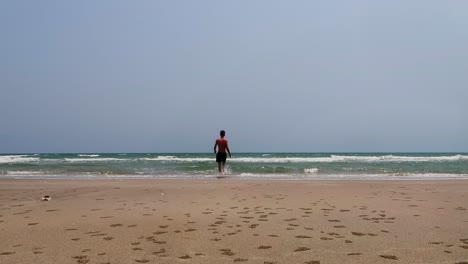 4k footage of a fit lone man casually walking on an empty beach and dives into the ocean