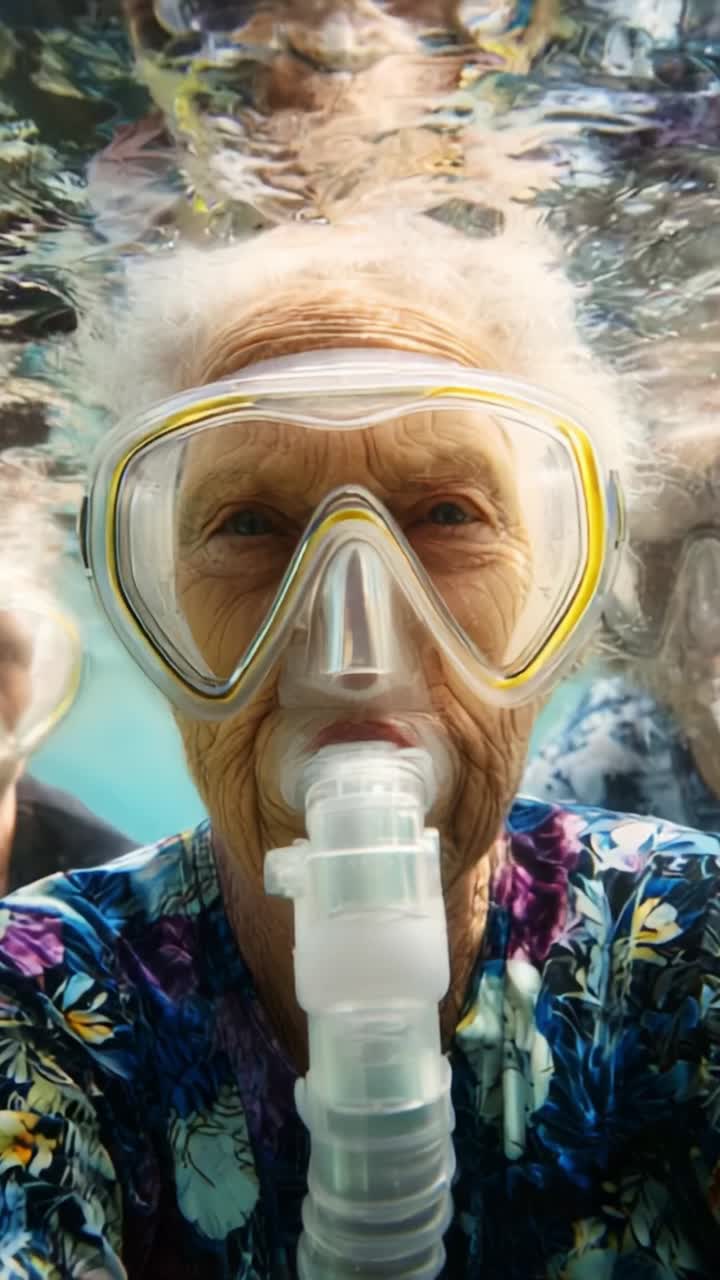 An elderly person enjoying an underwater adventure with snorkeling gear, showcasing the joy of exploring marine life and the beauty of aquatic environments