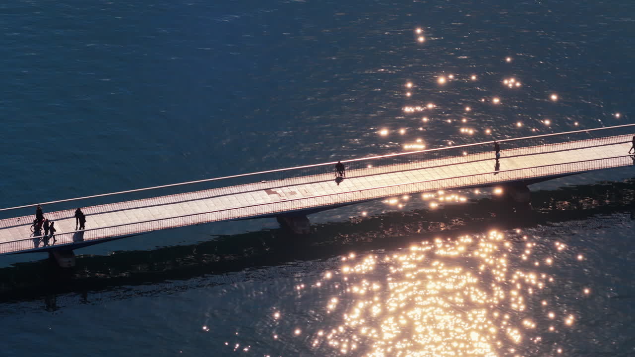 Aerial drone view of Zadar's pedestrian bridge, connecting the Old Town peninsula with the mainland. Croatia