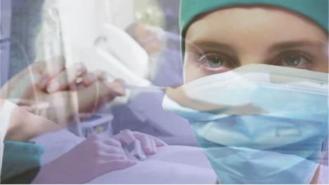 Porträt-Einer-Kaukasischen-Chirurgin-Mit-Gesichtsmaske-Vor-Einem-Kaukasischen-Mann-Im-Krankenhausbett
