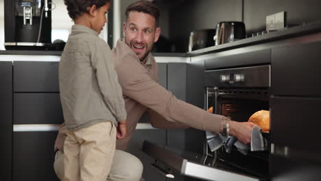 family, baking and a father with his son