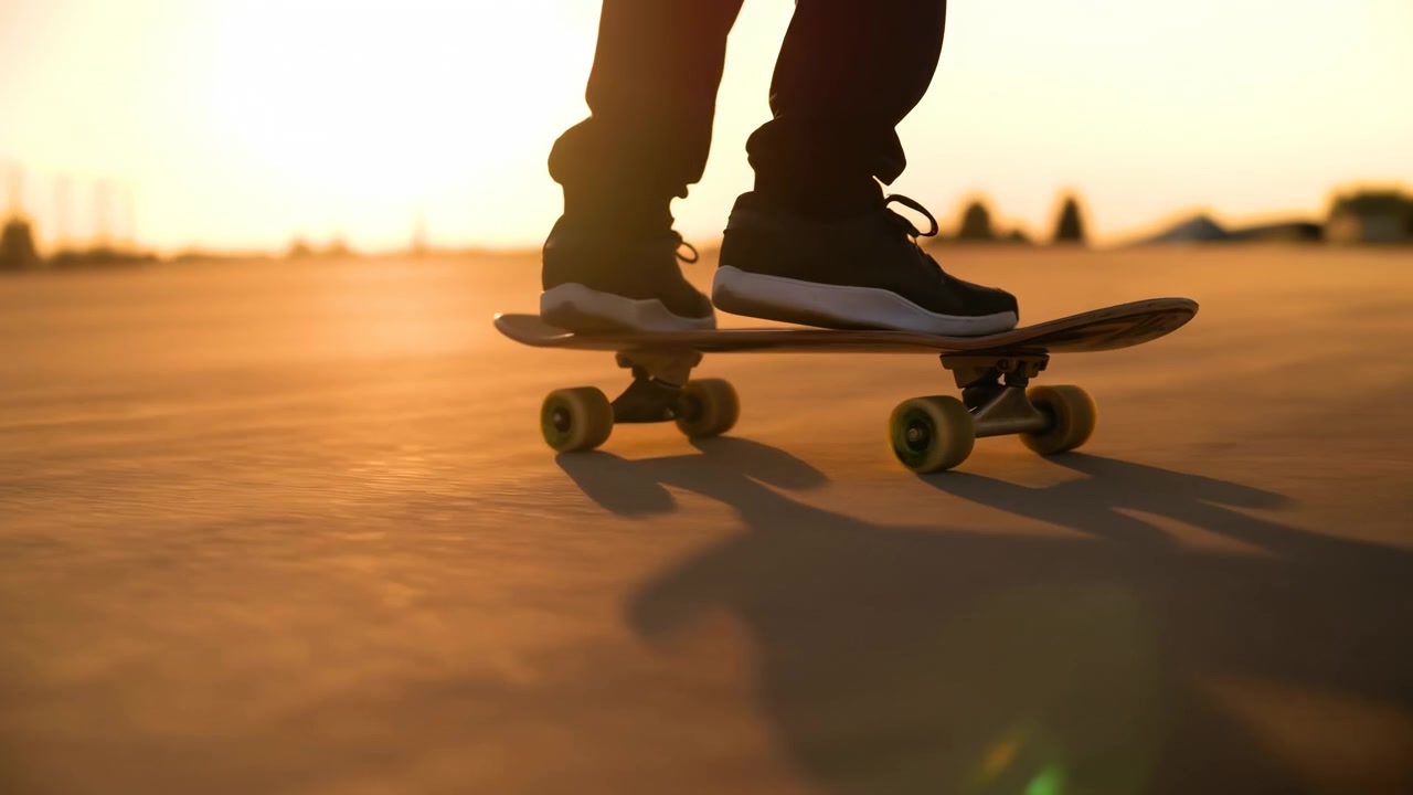 I midten af billedet kører en skateboarder langs en solbeskinnet bygade under den gyldne time