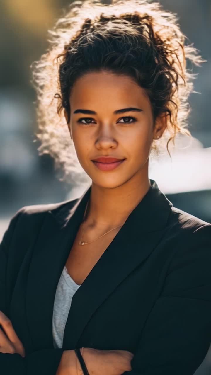 Uma mulher confiante em traje de negócios exibe compostura e profissionalismo em dois enquadramentos elegantes de retrato urbano.