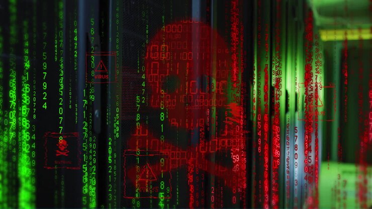 Animation of skull and bones, binary coding and data processing over computer servers