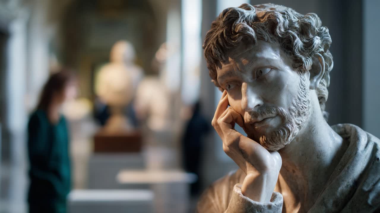 Una scultura in marmo pensierosa che ritrae un filosofo immerso in profonda contemplazione, in un contesto artistico all'interno di un'elegante galleria.