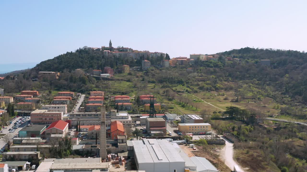 Industrial buildings in Croatian ancient town Labin, aerial view
