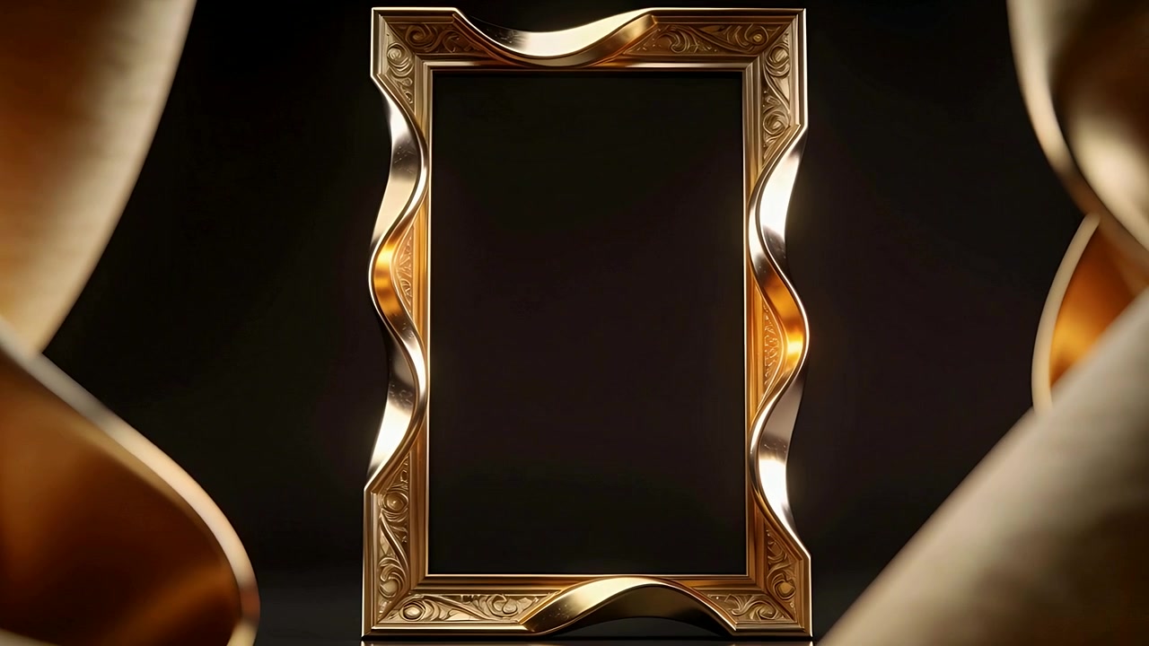 Luce calda da studio che proietta, facendo muovere nastri dorati attorno a una cornice dorata ornata che mostra intagli