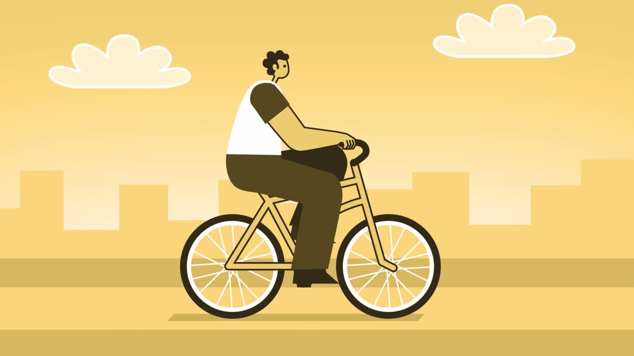 노란색 스타일의 남자, 평평한 캐릭터, 자전거 타기, 고립된 루프 애니메이션, 알파 채널
