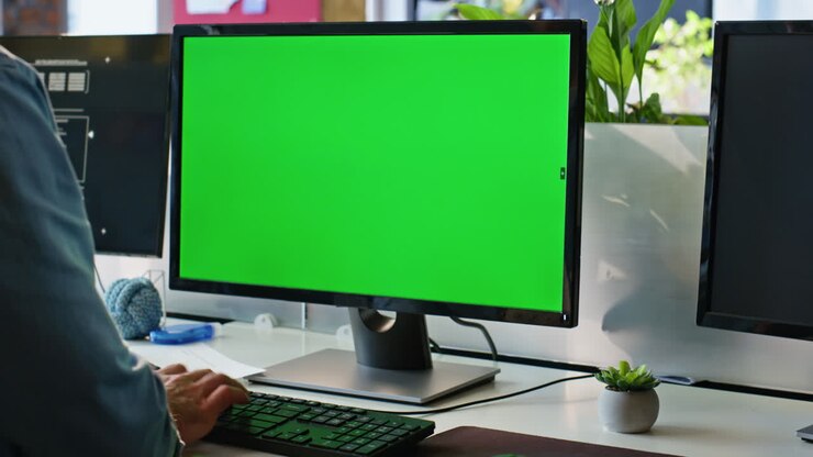 Nahaufnahme eines Computertisches mit grünem Bildschirm in einem Büroraum. Tippende Arbeiterhände
