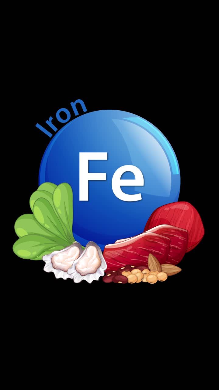 Un simbolo blu del ferro (Fe) si anima mentre vari alimenti ricchi di ferro, tra cui spinaci, carne rossa, frutti di mare e noci, appaiono intorno ad esso su uno sfondo nero.