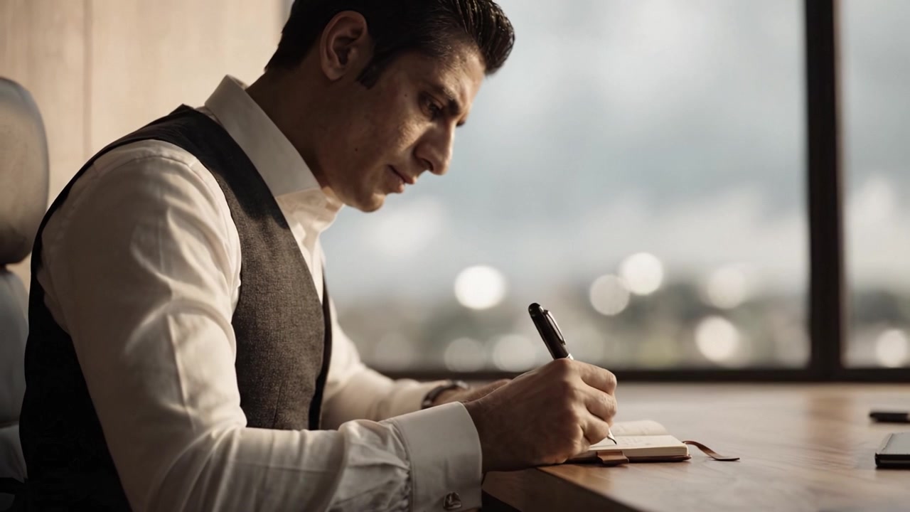 Un individuo concentrato si dedica a una scrittura seria a una scrivania ben illuminata, catturando pensieri in un quaderno con intensa concentrazione in un ambiente professionale