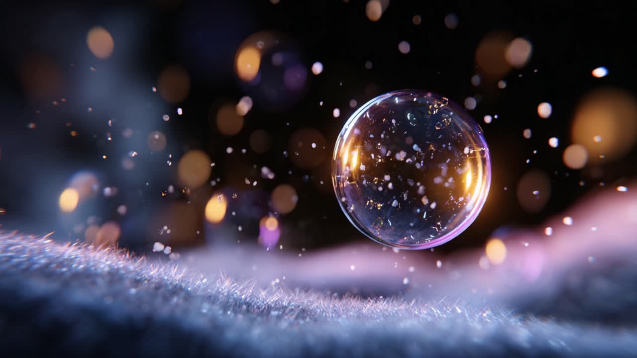 Primo piano accattivante di bolle colorate che galleggiano sopra una superficie morbida, con uno sfondo scintillante di luci bokeh dai colori vivaci, creando un'atmosfera eterea.