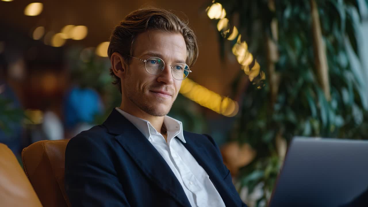 Professionista concentrato in uno spazio di lavoro moderno: impegnato in attività digitali con un laptop tra piante e illuminazione interna, che riflette un'atmosfera tranquilla