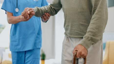 Walking-stick,-senior-man-and-nurse-holding-hands