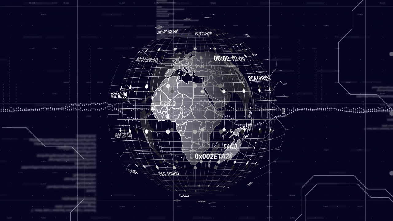 Digital globe with data points and coding animation over dark background