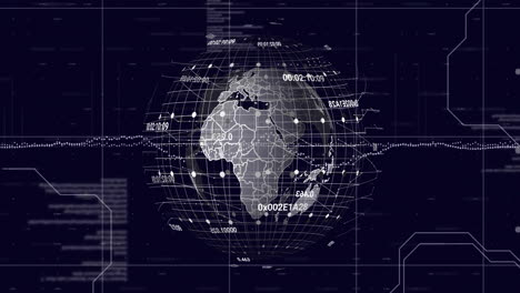 globo digital con puntos de datos y animación de codificación sobre fondo oscuro