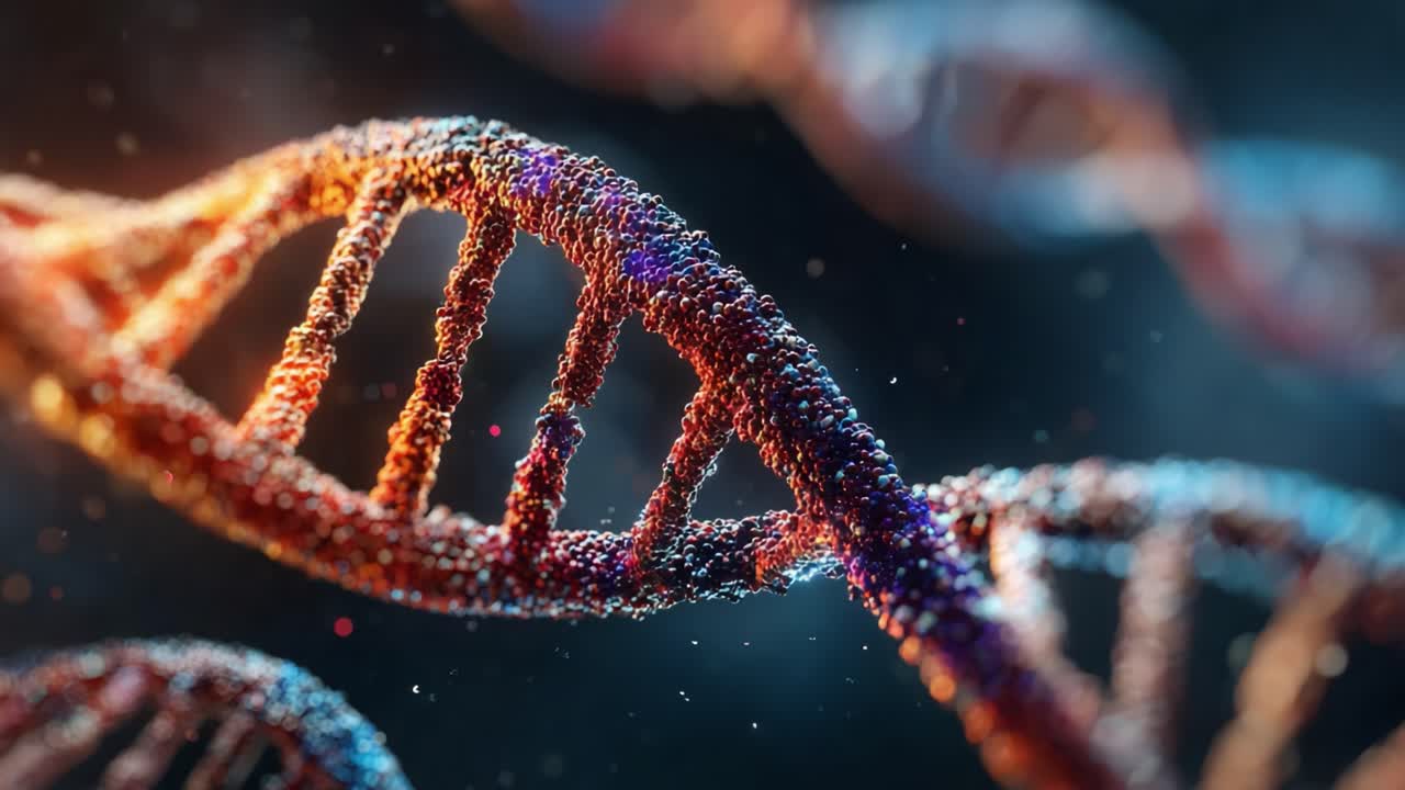 Una straordinaria esplorazione visiva delle molecole di DNA che evidenzia la struttura complessa e i colori vivaci del materiale genetico in un ipotetico ambiente scientifico
