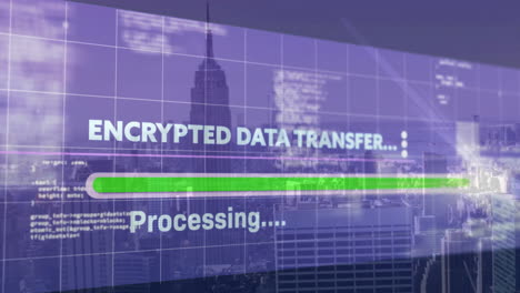 animación de transferencia y procesamiento de datos encriptados en el fondo del paisaje urbano