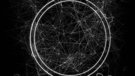 animation of network of connections spinning over circle outlines on black background