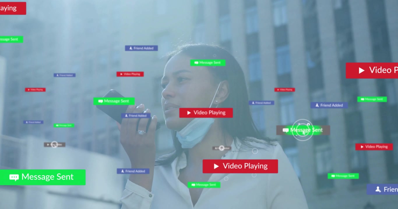 Animation of media notifications over woman with mask talking on smartphone in street